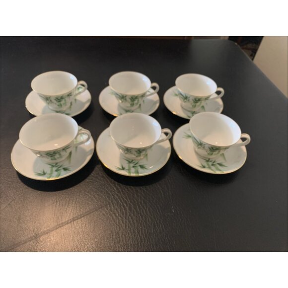 6 Noritake Toki Kaisha Footed Cup and Saucer Sets Green Bamboo Pattern 1960s Vtg - Picture 1 of 12